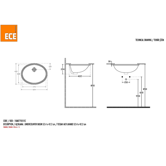 Ece Tezgah Alti Lavabo 37,6 X 46 . Renk Beyaz.