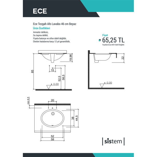 Ece Tezgah Alti Lavabo 46 cm Beyaz